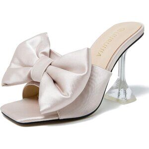 Women's Bow High Heels Mules Dress Sandals Slip On Party Wedding Bridal Nude